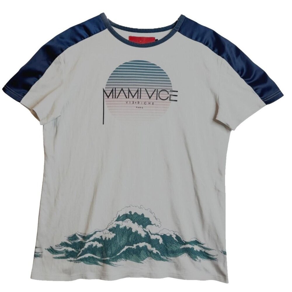 Vie + Riche Paris Mens Miami Vice T‎ Shirt Size L Tsunami Waves Satin Trim